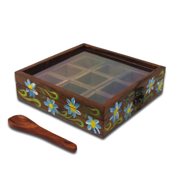 Blue Daisy Handcrafted Wooden Spice Box(Sheesham Wood, 9 compartments)-The Artisan Emporium