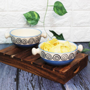 The Artisan Emporium Blue Swirl Hand-painted Hut Snack Bowls With Handles Set Of 2