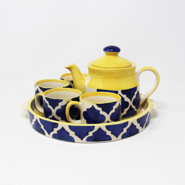 The Artisan Emporium Blue Moroccan Print Ceramic Hand-painted Tea Set Of 1 Kettle, 1 Tray & 4 Tea Cups
