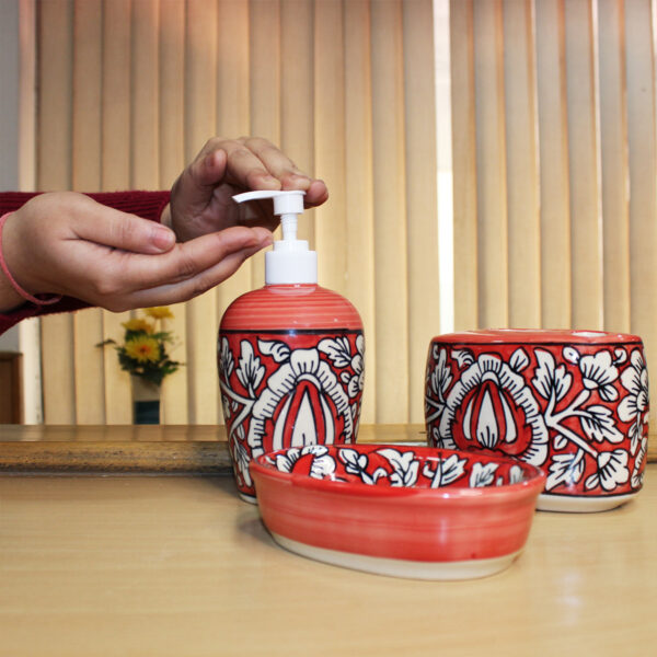 The Artisan Emporium Red Mughal Hand-painted Bathroom Accessory Set Of 3 Pieces