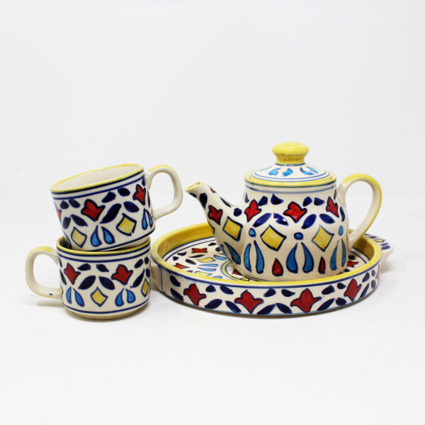 The Artisan Emporium Multicolor Persian Print Ceramic Hand-painted Tea Set Of 1 Kettle, 1 Tray & 2 Tea Cups