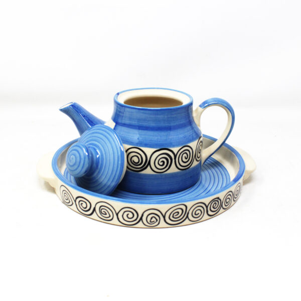 The Artisan Emporium Blue Swirl Ceramic Hand-painted Tea Set Of 1 Kettle, 1 Tray & 2 Tea Cups