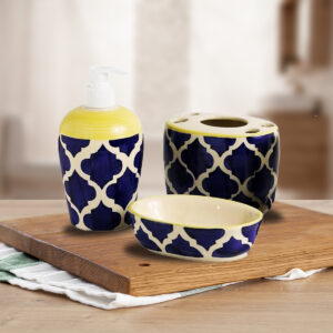The Artisan Emporium Blue Moroccan Hand-painted Bathroom Accessory Set Of 3 Pieces