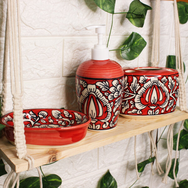 The Artisan Emporium Red Mughal Hand-painted Bathroom Accessory Set Of 3 Pieces
