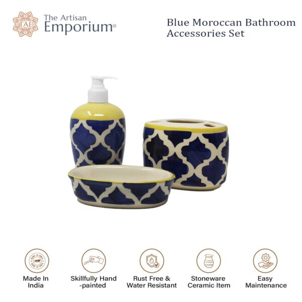 The Artisan Emporium Blue Moroccan Hand-painted Bathroom Accessory Set Of 3 Pieces