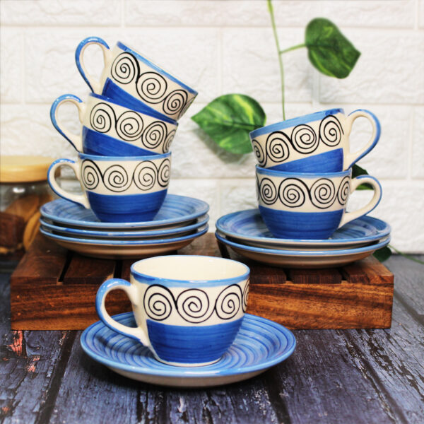 The Artisan Emporium Ceramic Hand-painted Blue Swirl Tea Cup & Saucer Set of 6