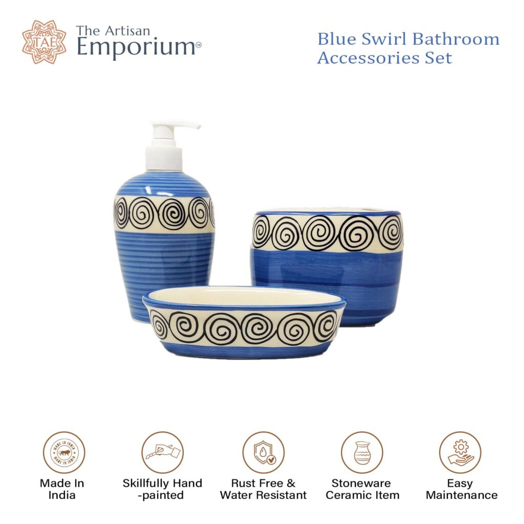 The Artisan Emporium Blue Swirl Hand-painted Bathroom Accessory Set Of 3 Pieces