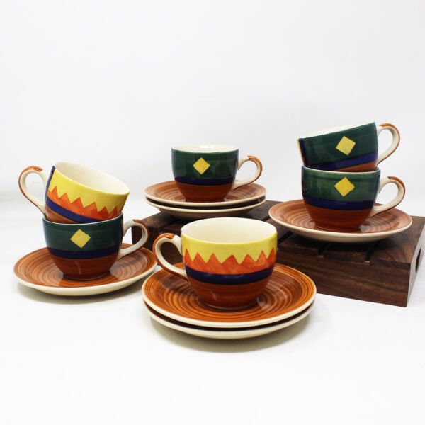 The Artisan Emporium Ceramic Hand-painted Boho Fiesta Tea Cup & Saucer Set of 6