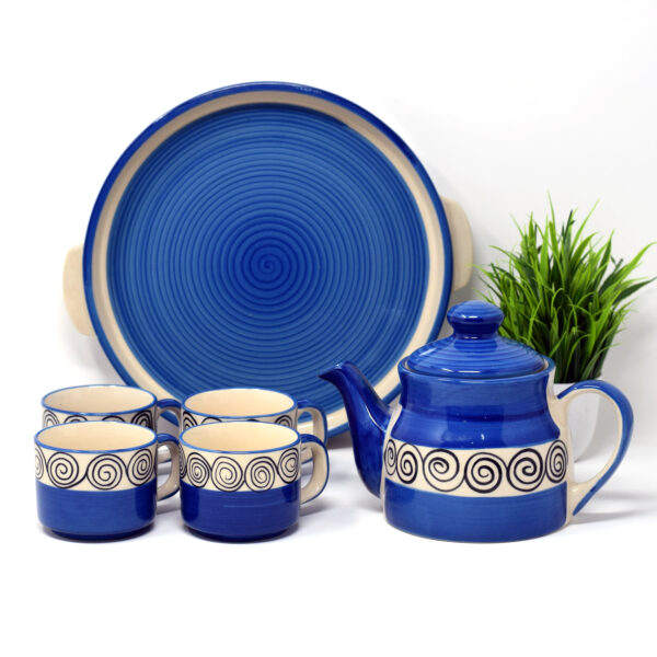 The Artisan Emporium Blue Swirl Ceramic Hand-painted Tea Set Of 1 Kettle, 1 Tray & 4 Tea Cups