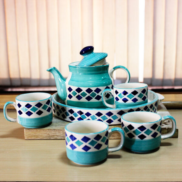 The Artisan Emporium Turquoise Checkered Print Ceramic Hand-painted Tea Set Of 1 Kettle, 1 Tray & 4 Tea Cups