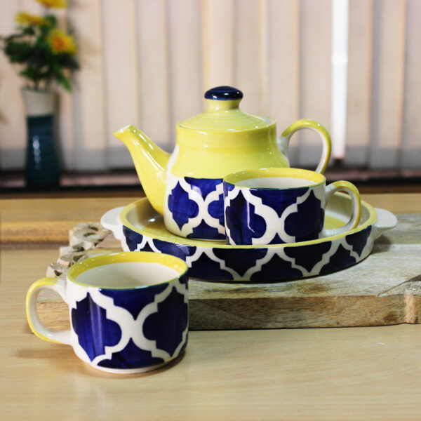 The Artisan Emporium Blue Moroccan Print Ceramic Hand-painted Tea Set Of 1 Kettle, 1 Tray & 2 Tea Cups