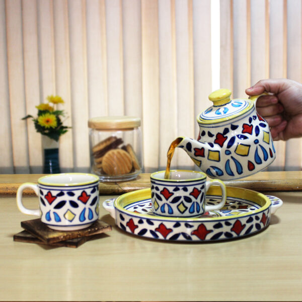 The Artisan Emporium Multicolor Persian Print Ceramic Hand-painted Tea Set Of 1 Kettle, 1 Tray & 2 Tea Cups