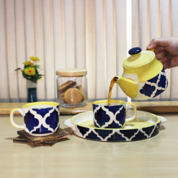 The Artisan Emporium Blue Moroccan Print Ceramic Hand-painted Tea Set Of 1 Kettle, 1 Tray & 2 Tea Cups