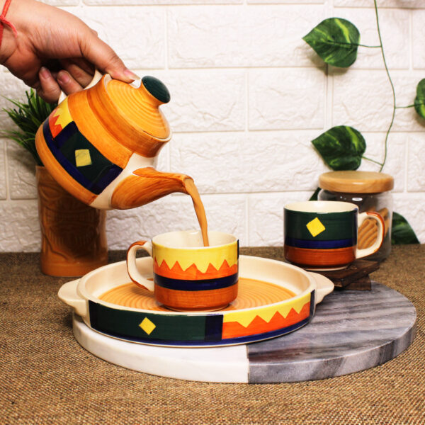 The Artisan Emporium Boho Fiesta Ceramic Hand-painted Tea Set Of 1 Kettle, 1 Tray & 2 Tea Cups