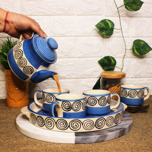 The Artisan Emporium Blue Swirl Ceramic Hand-painted Tea Set Of 1 Kettle, 1 Tray & 4 Tea Cups