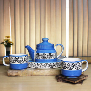 The Artisan Emporium Blue Swirl Ceramic Hand-painted Tea Set Of 1 Kettle, 1 Tray & 2 Tea Cups - The Artisan Emporium