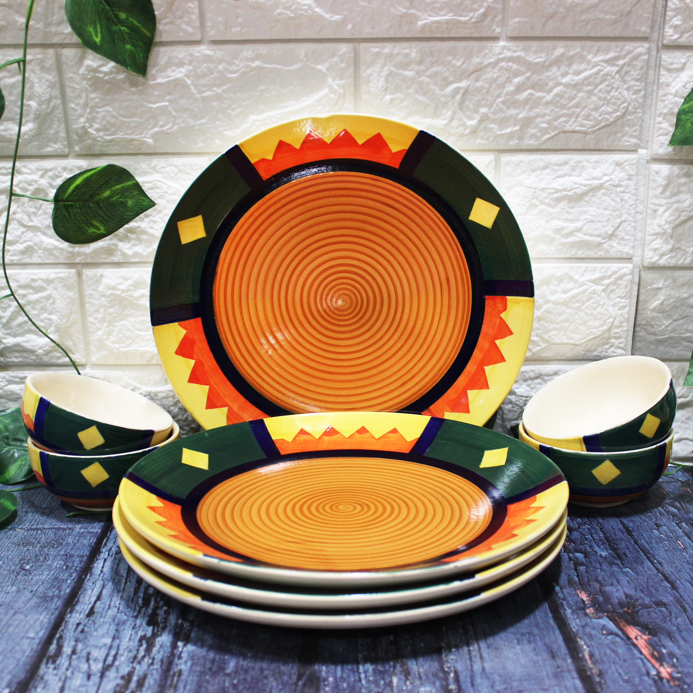 Hand-Painted Ceramic Dinner Plates With Katoris (8 Pieces, Serving for 4, Microwave  Safe)