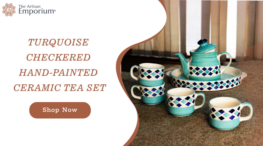 The Artisan Emporium Turquoise Checkered Habnd-painted Ceramic Tea Set