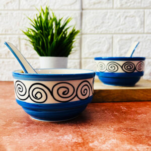 Blue Swirl ceramic Soup bowls with spoons set of 2 - The Artisan Emporium