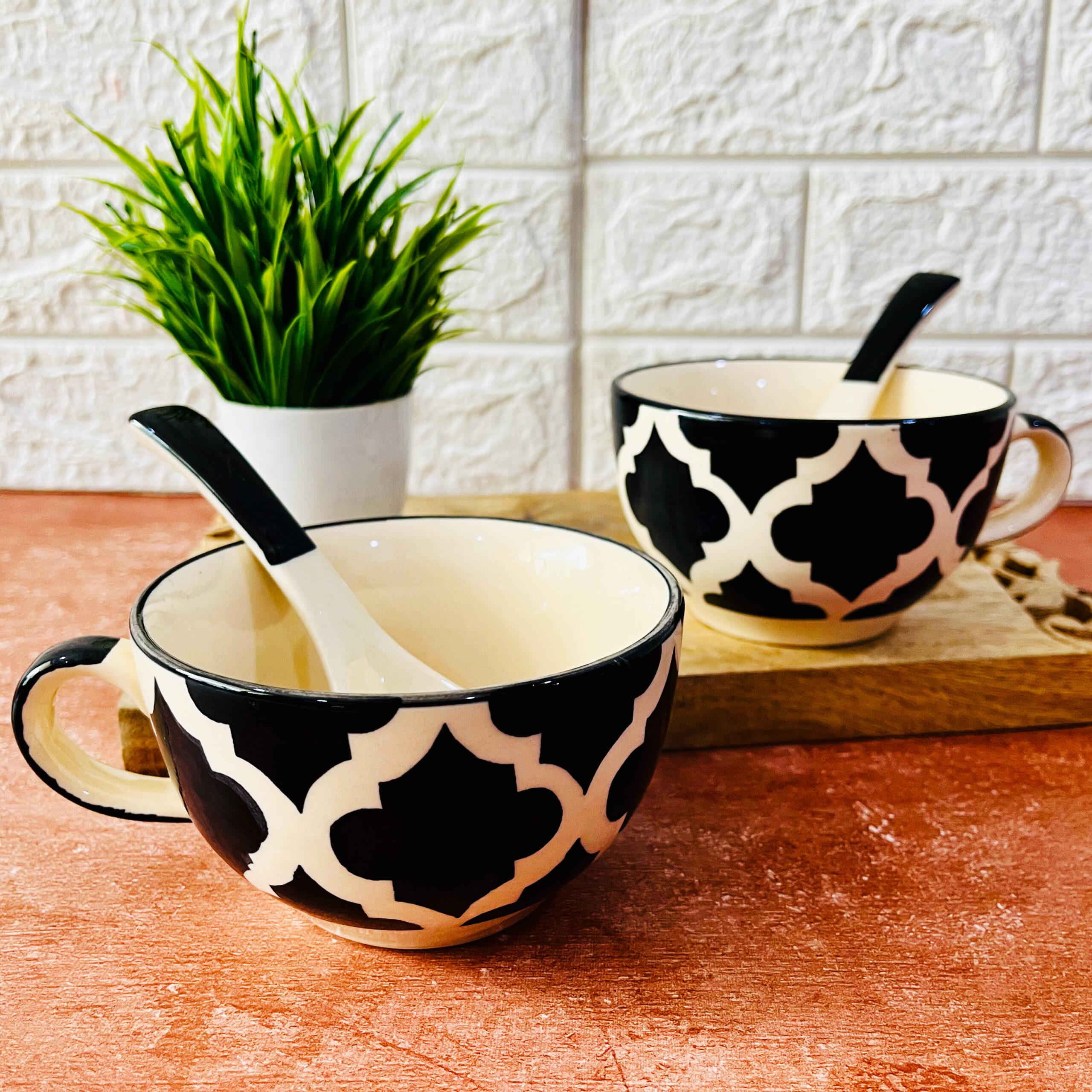Black Moroccan ceramic Soup bowls with spoons set of 2 - The Artisan Emporium