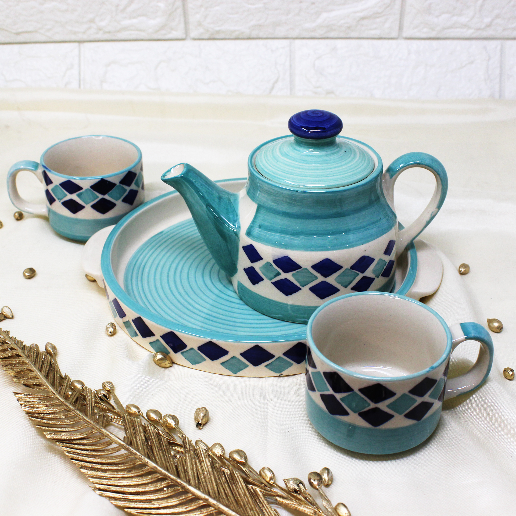 Ceramic Turquoise Tea Set With Kettle & Tray - The Artisan Emporium
