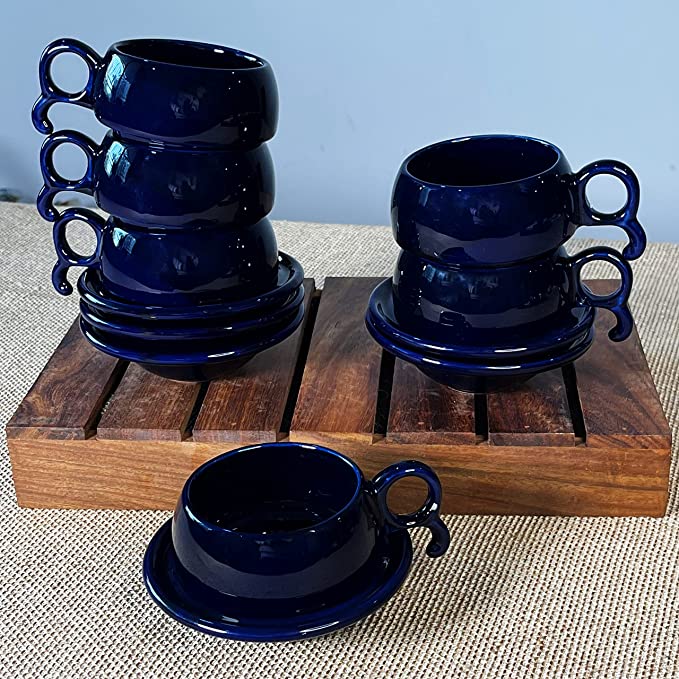 Sapphire Blue Ceramic Cup & Saucer Set Of 6 - The Artisan Emporium