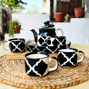 The Artisan Emporium Black Moroccan Print Ceramic Hand-painted Tea Set Of 1 Kettle, 1 Tray & 4 Tea Cups