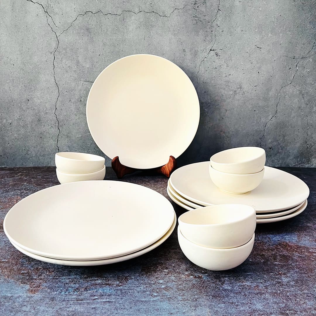 Subhra White Ceramic Dinner Set of 12 Pieces
