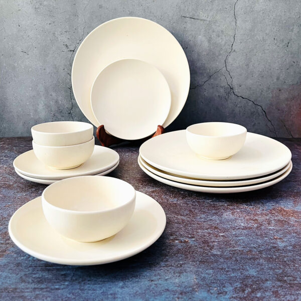 Subhra White Ceramic Dinner Set of 12 Pieces
