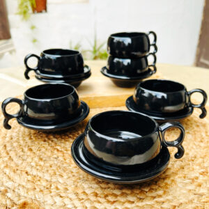 Midnight Black Ceramic Cup & Saucer Set Of 6 - The Artisan Emporium