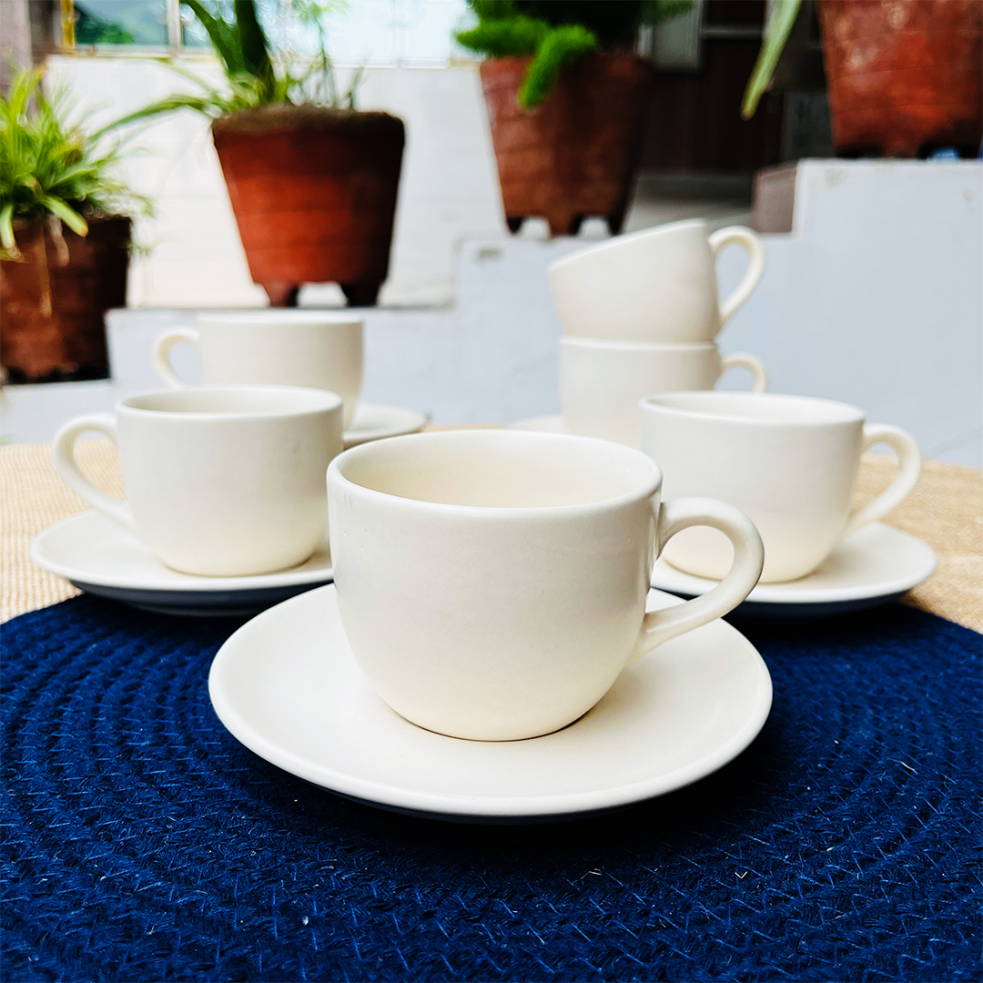 Subhra White Matte Ceramic Cup & Saucer Set Of 6 - The Artisan Emporium