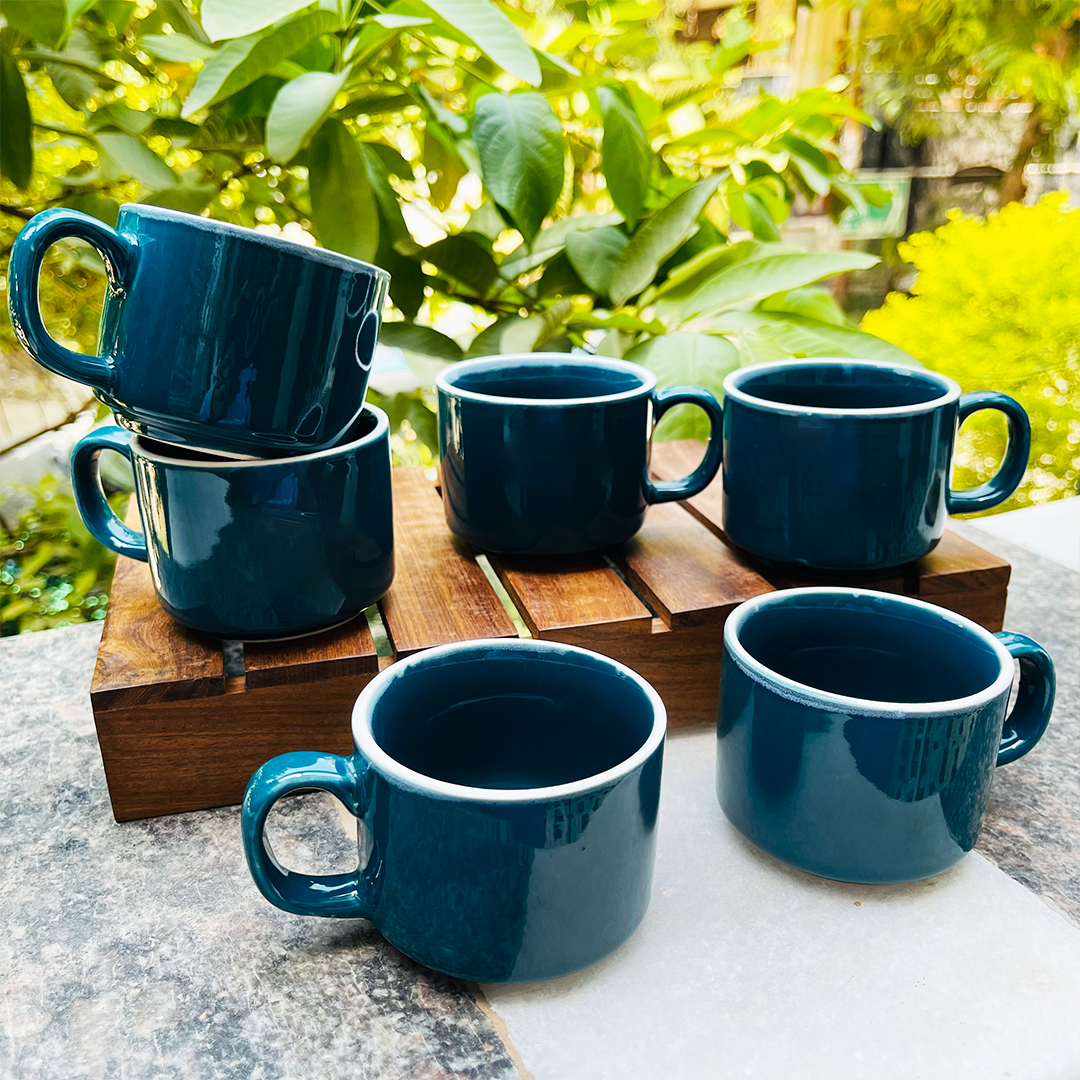 Retro Green Ceramic Tea Cups Set Of 6 - The Artisan Emporium