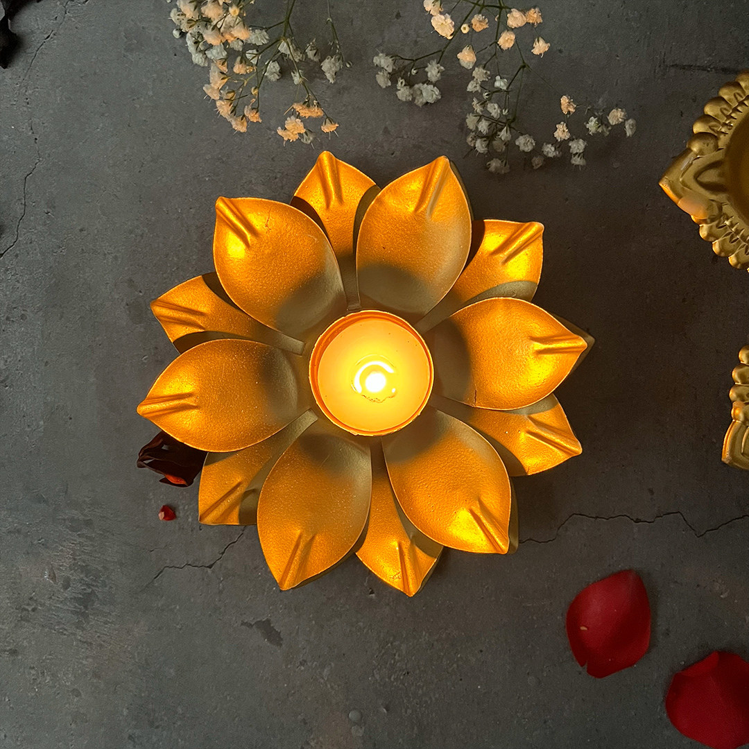 Brass Lotus Urli Tea Light Candle Holder For Festive Diwali Decoration | Set Of 2