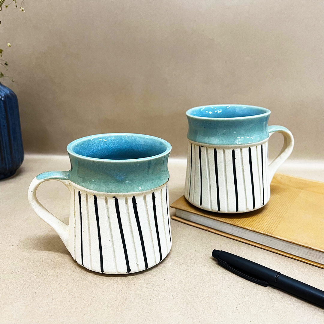 White & green striped ceramic mug set of 2 -The Artisan emporium