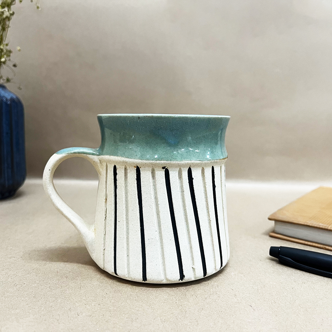 White & green striped ceramic mug -The Artisan emporium