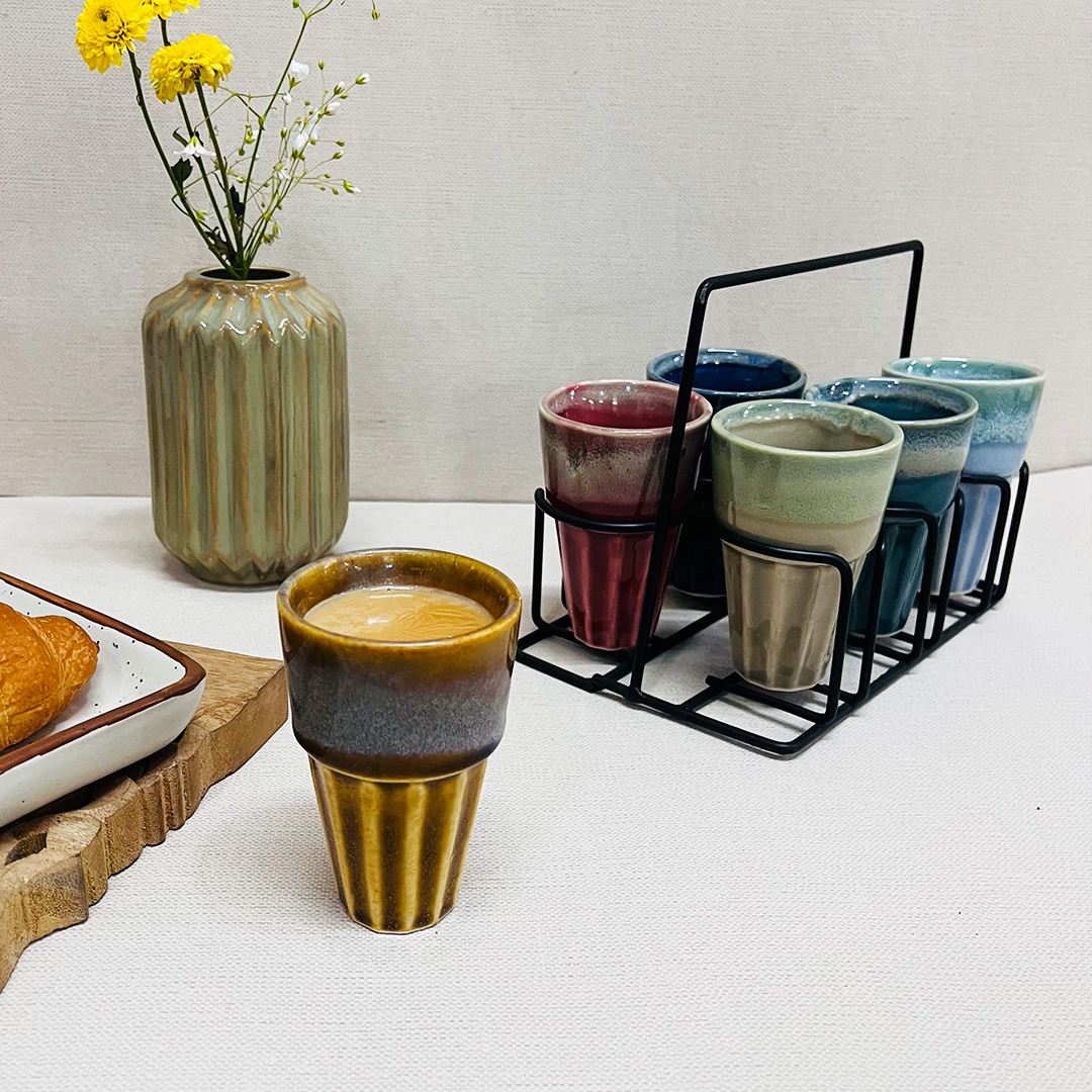 Multicolor Cutting Chai GlassesWith Stand