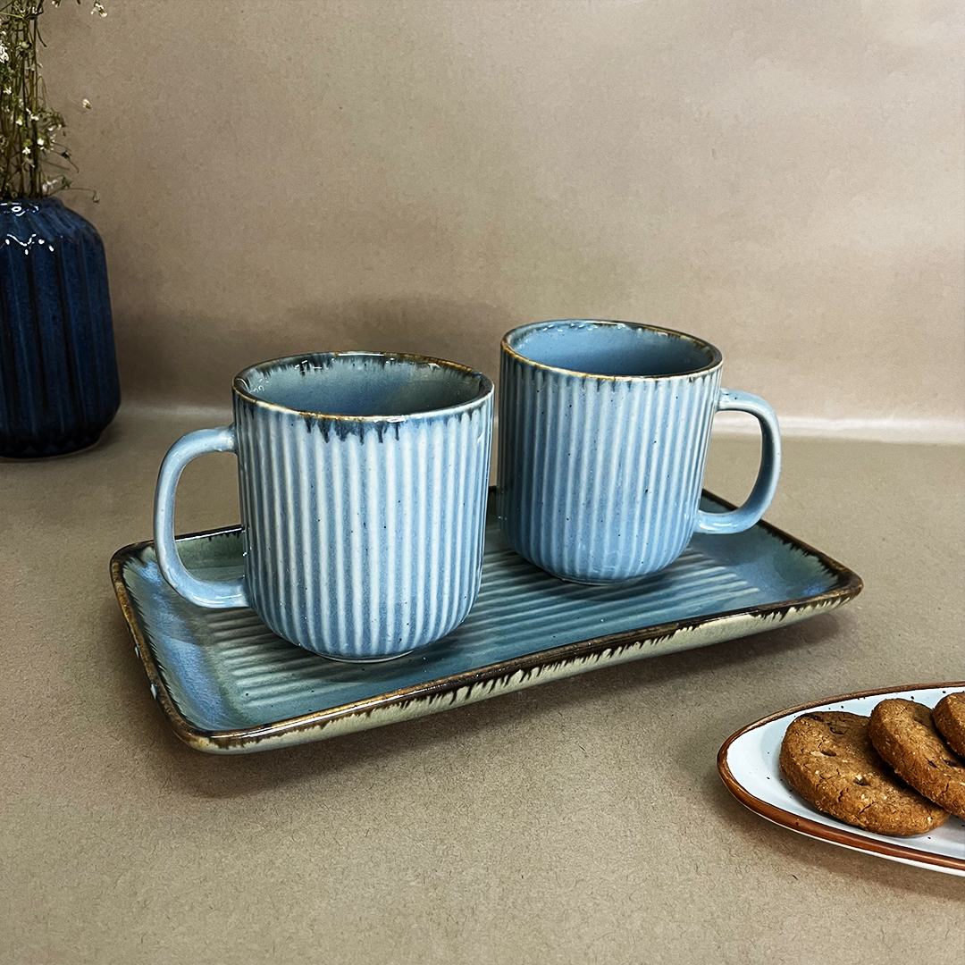 Icy Blue Ceramic Mugs With Tray Set - The Artisan Emporium