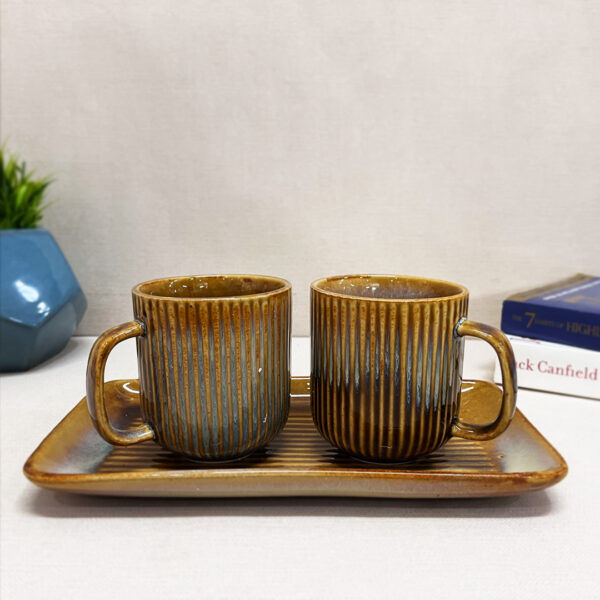 Rustic Yellow Ceramic coffee mugs with tray set - The Artisan Emporium