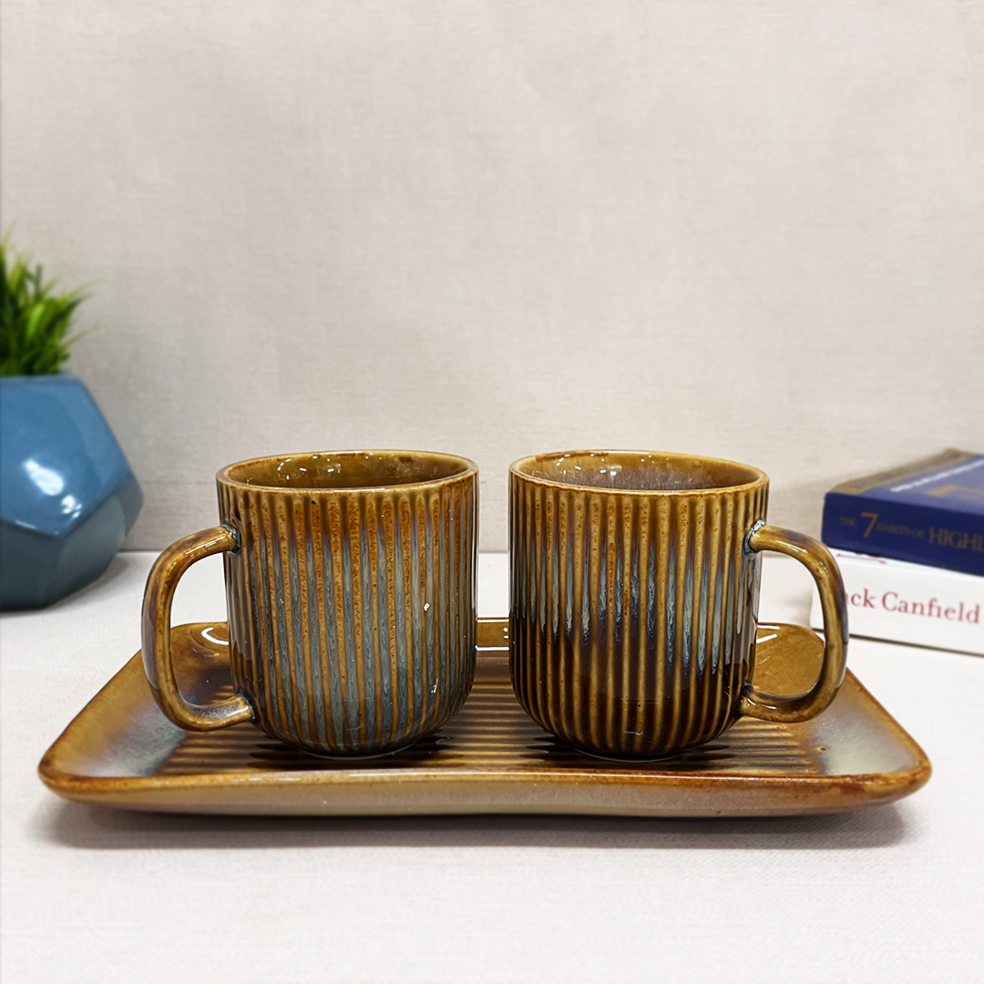 Rustic Yellow Ceramic coffee mugs with tray set - The Artisan Emporium