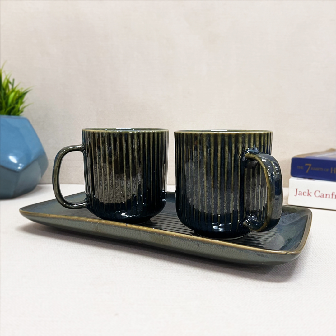 Forest Green Ceramic coffee mugs with tray set - The Artisan Emporium