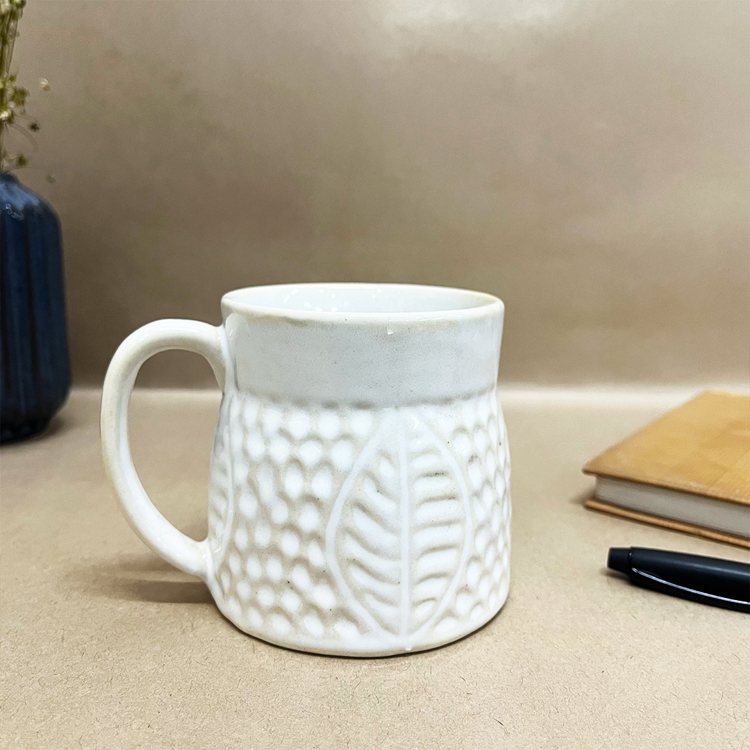 White embossed ceramic mug -The Artisan emporium
