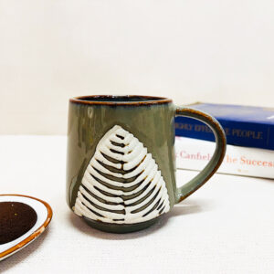 Pastel Green Leaf Embossed Ceramic Mug Set Of 2 - The Artisan Emporium